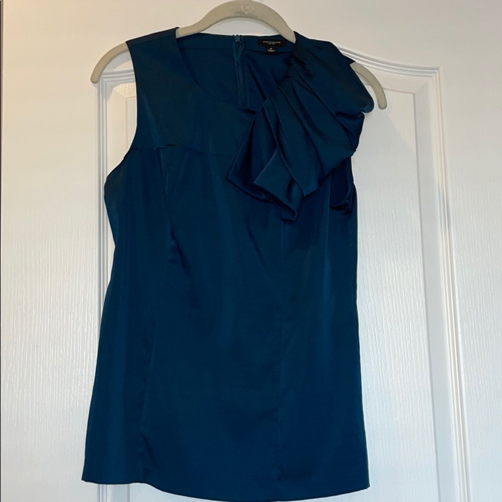 Ann Taylor teal satin like ruffle top size 0